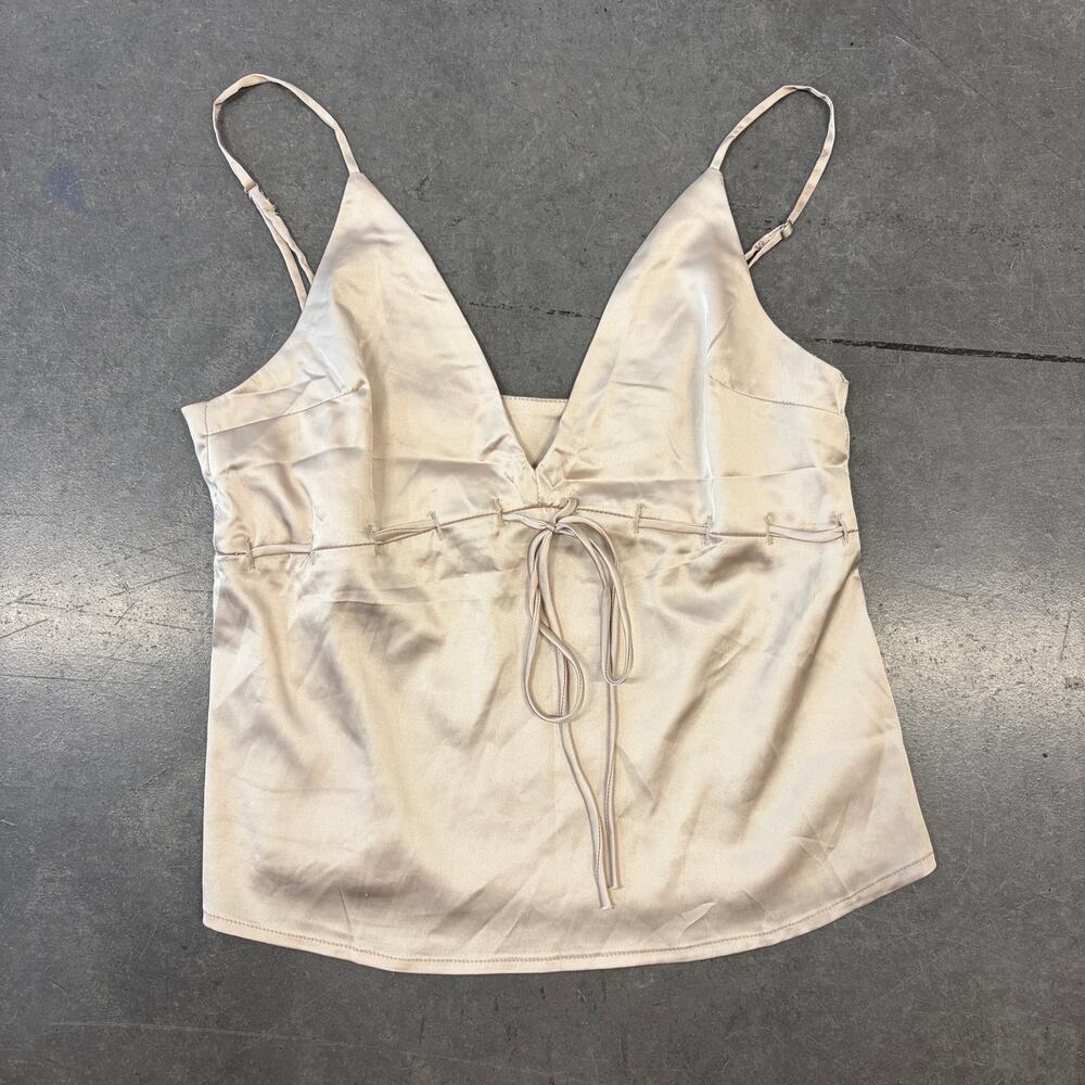 Vintage Y2k Gold Champagne Babydoll Bow Front Cami Satin Tank Top Women's Small